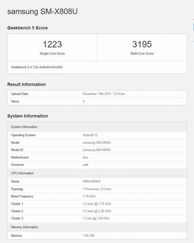 Samsung Galaxy Tab S8 + chạy thử nghiệm Geekbench