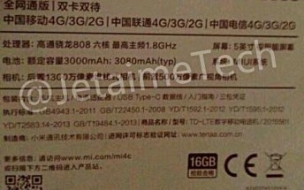 Leak reveals Xiaomi Mi 4c to come with SD808, USB Type-C connector