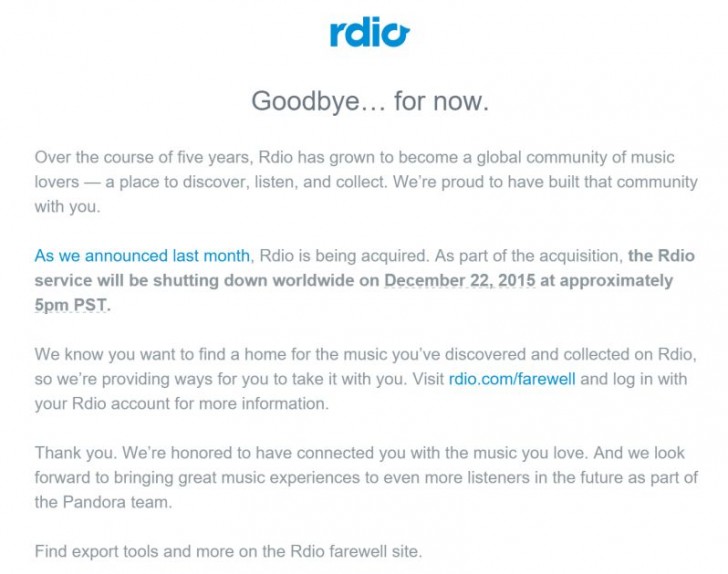 Rdio shutting down, and Pandora will buy its technology