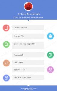 OnePlus 5 specs detected by AnTuTu