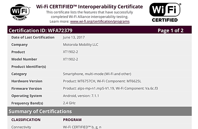 Motorola XT2073-2 bags Wi-Fi certification, new budget smartphone