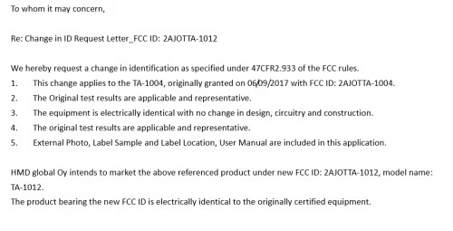 HMD's letter to the FCC regarding the Nokia 9 models