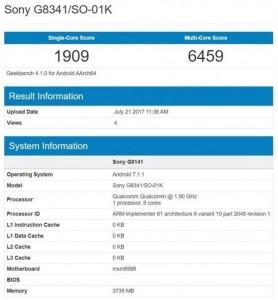 Sony G8341/SO-01K (Xperia XZ1) on Geekbench