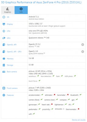 Asus Zenfone 4 Pro ZS551KL specs (detected by GFXBench)