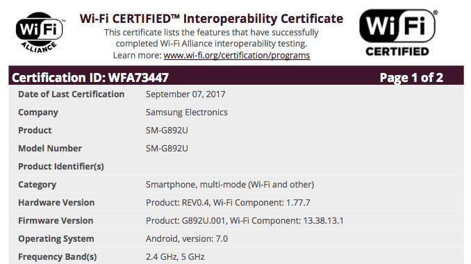 Samsung SM G892U gets WiFi certified could be global Galaxy S8