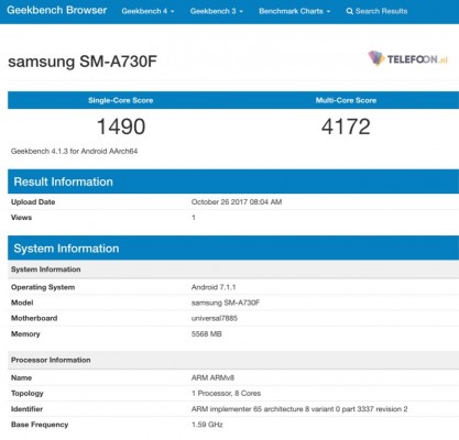 Samsung Galaxy A7 (2018) scorecard by Geekbench 4.1.3