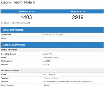 Xiaomi Redmi Note 5: Geekbench 4 scores