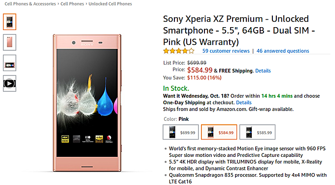 Sony Xperia XZ Premium currently going for $585 in US - GSMArena