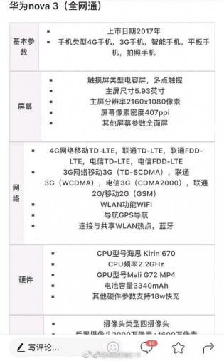 Alleged Huawei nova 3 specs