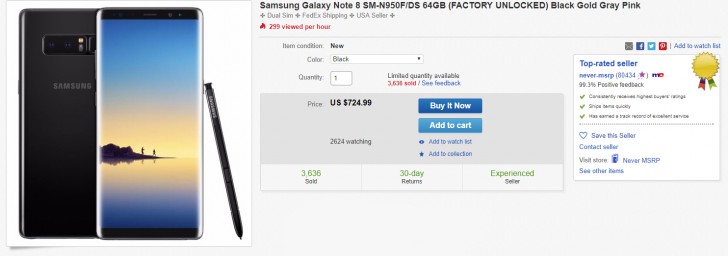 Deal: Samsung Galaxy Note8 (Exynos, dual-SIM) on eBay for $725