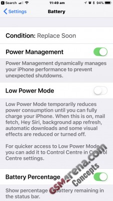 Concept: battery status for an aged battery and the option to toggle Performance Management