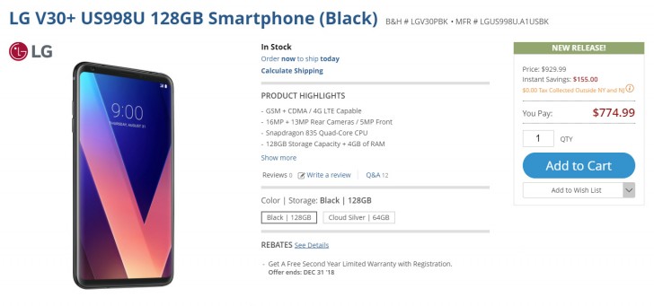 Deal Lg V30 Unlocked Available For 775 In The Us Gsmarena Com News