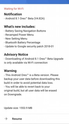 Nokia 8 update screen for beta version of Android 8.1 Oreo
