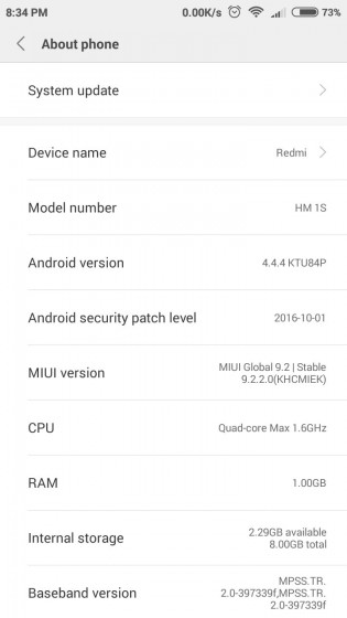 Xiaomi Redmi 1S MIUI 9 screenshots