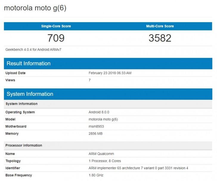 Moto G6 pops up on Geekbench