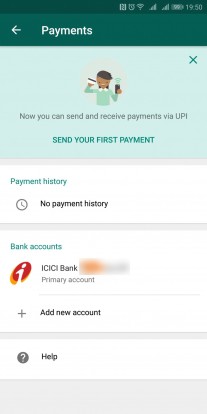 WhatsApp payments interface