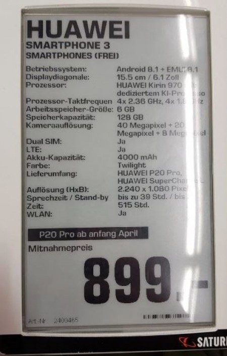 Huawei P20 and P20 Pro full specs outed by German retailer