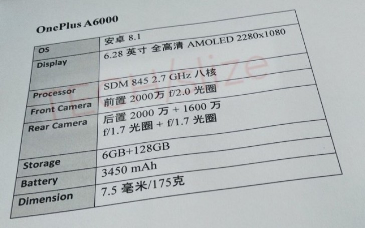 OnePlus 6 specs sheet leaks