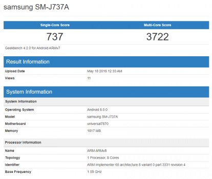 Potential Samsung Galaxy J7 (2018) (SM-J737A) spotted at Geekbench