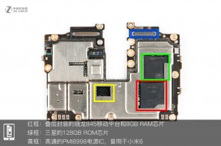 Red - S845 and 8 GB RAM, Green - 128 GB storage, Yellow - power management IC