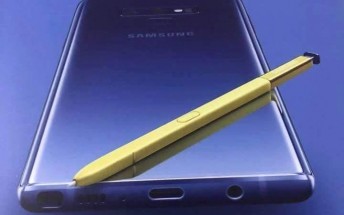 Samsung Galaxy Note9 promotional poster leaks showing a blue phone with a yellow S Pen