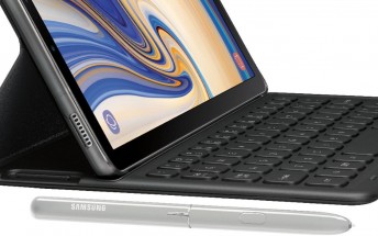 Samsung Galaxy Tab S4's optional keyboard cover and stylus exposed