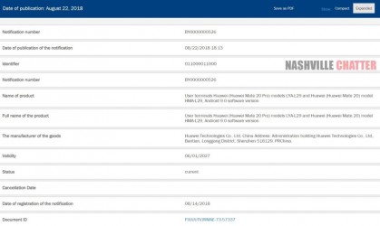 EEC certification that shows Huawei Mate 20 and Mate 20 Pro will launch with Android 9.0 Pie