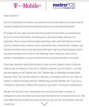 Message to affected customers from T-Mobile