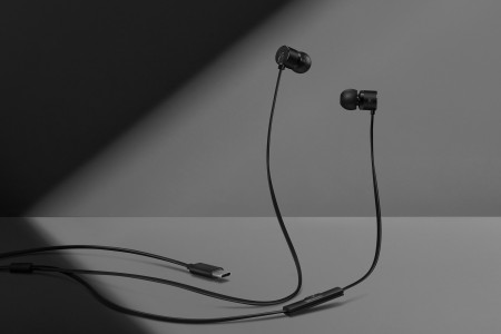 OnePlus Bullets V2 headphones with a USB-C plug