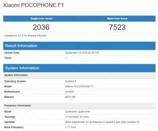 Pocophone F1 on GeekBench running Android 9 Pie