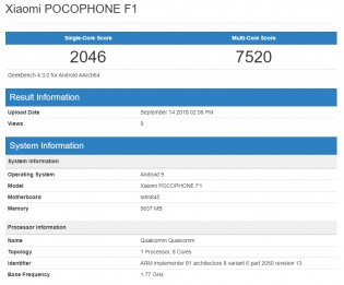 Pocophone F1 on GeekBench running Android 9 Pie