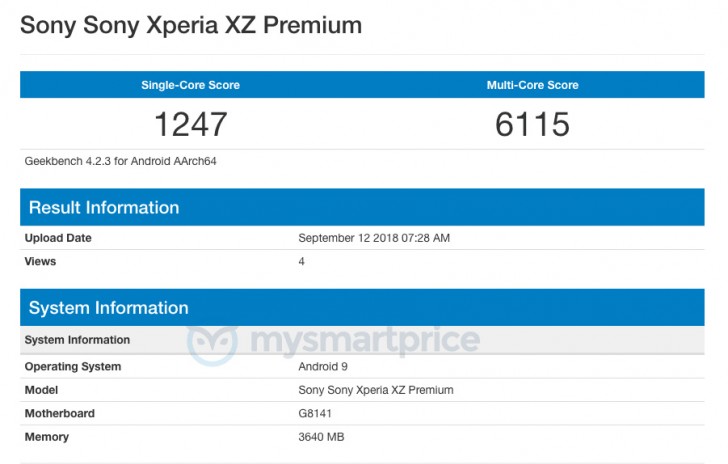 Sony Xperia XZ Premium with Android 9.0 Pie spotted at AnTuTu