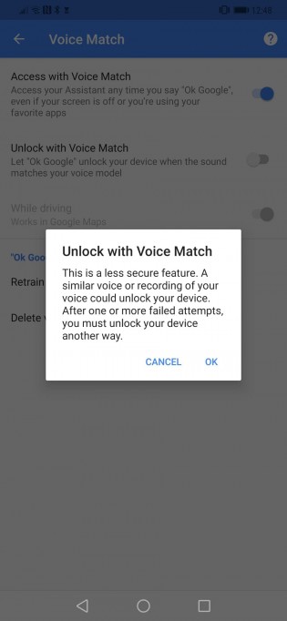 Voice Match settings on the Huawei Mate 20 Pro