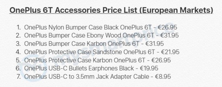 Prices of OnePlus 6T accessories leak