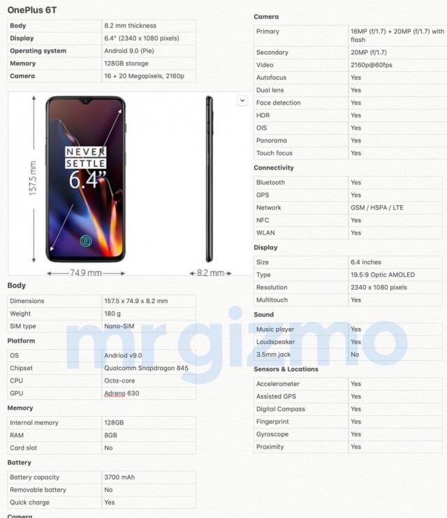 OnePlus 6T full specs and dimensions