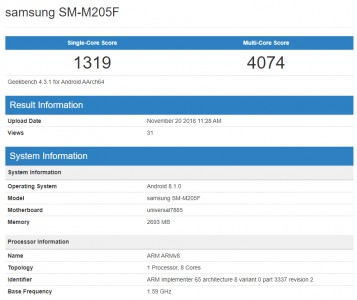 Samsung Galaxy M2 (SM-M205F) at Geekbench