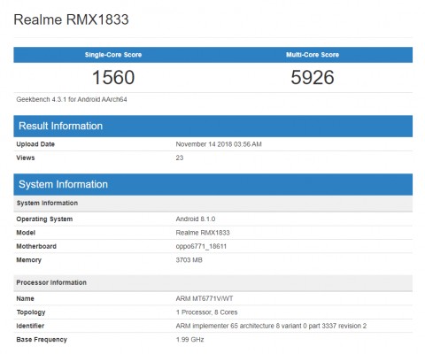 Realme RMX1833 with Helio P60 visits Geekbench