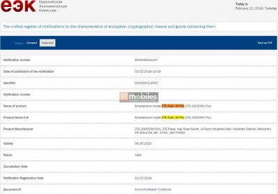 ZTE Axon 10 Pro's EEC certification (model name: A2020RU Pro)