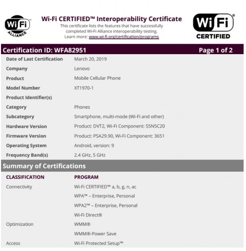 Motorola XT1970-1 listing at WFA