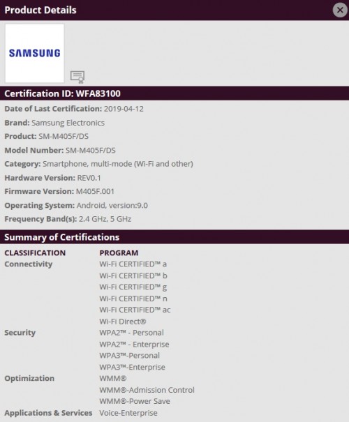 Samsung Galaxy M40 Running Android Pie Certified by Wi-Fi Alliance