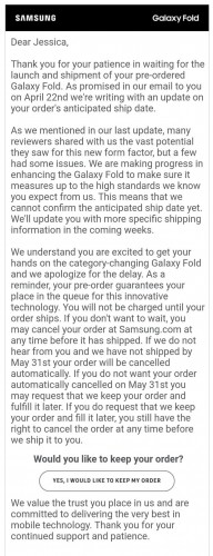 Samsung's email about the Galaxy Fold (image courtesy of Jessica Dolcourt of CNET)