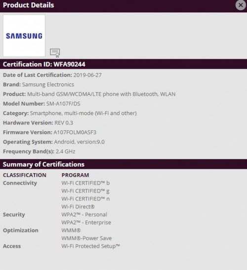 Samsung Galaxy A10s gets WiFi certified, launch imminent