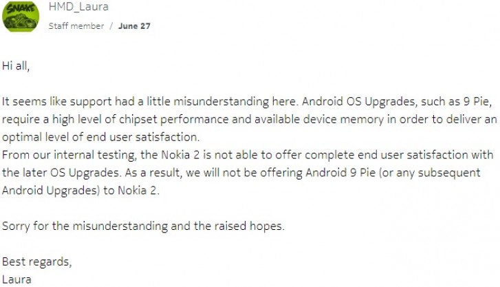 Nokia 2 won't be updated with Android Pie