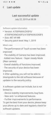 Samsung Galaxy A70 update change log