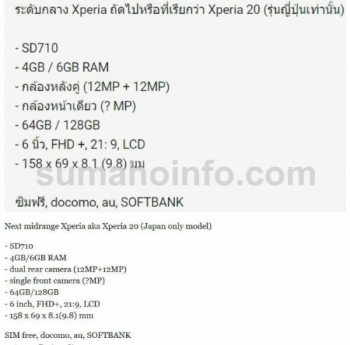 Sony Xperia 20 specs leak