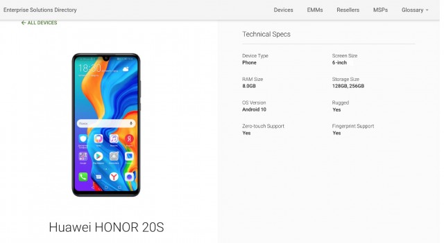 Honor 20S Google Play Console listing