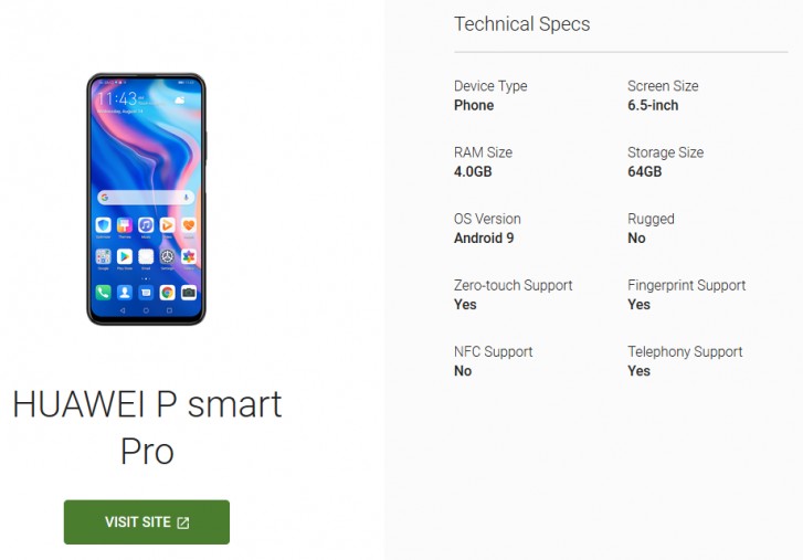 Huawei P smart Pro leaks on Android Enterprise Directory