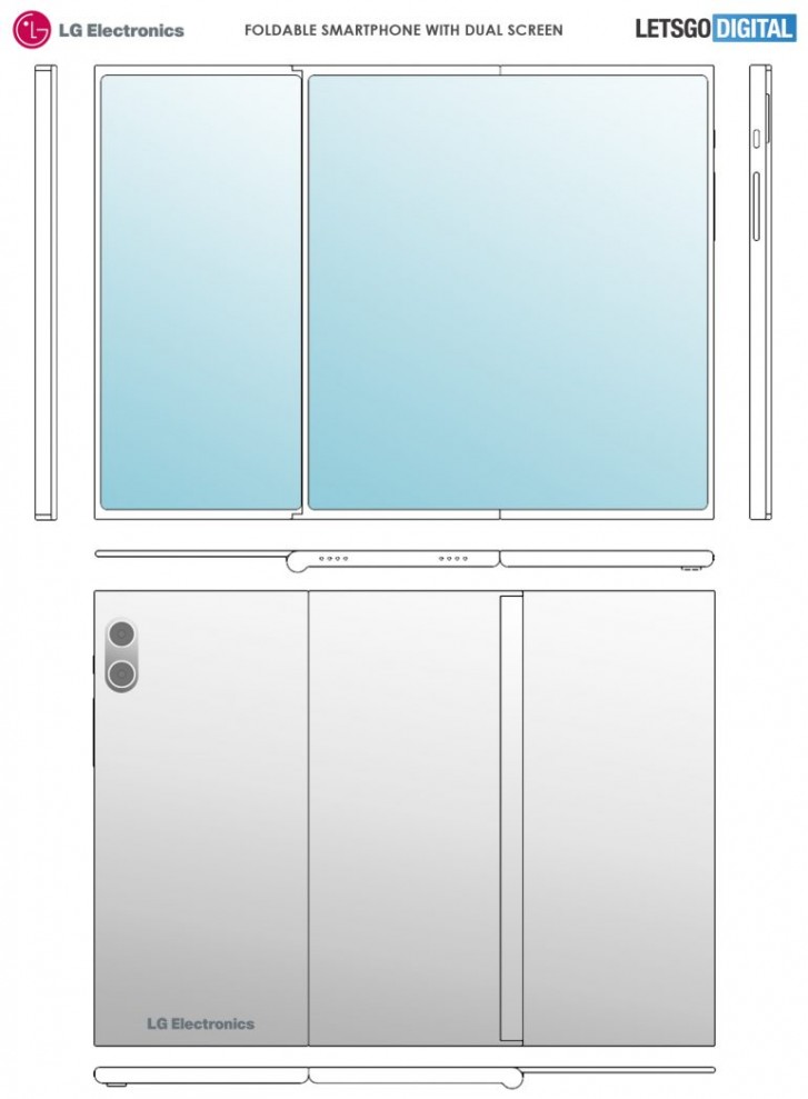 LG patent shows a three-piece, two-display foldable screen phone design with no ports