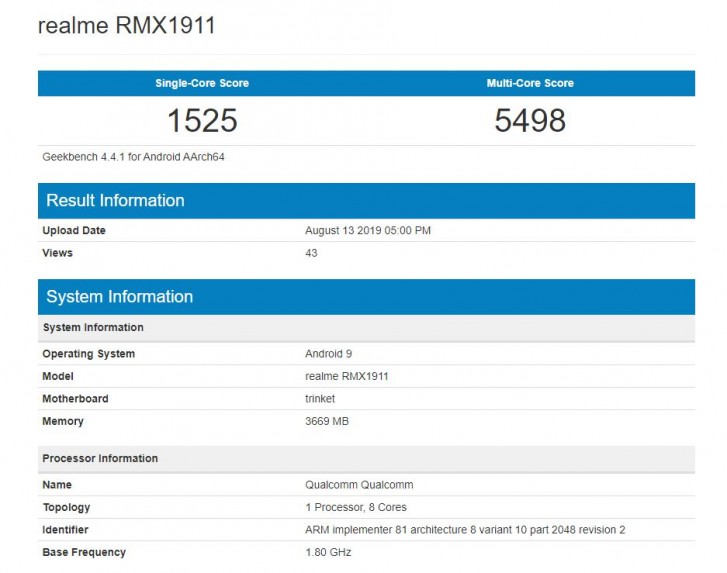 Realme 5 visits Geekbench with Snapdragon 665 and 4GB RAM