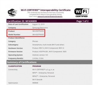 Samsung Galaxy A30s and A50s Wi-Fi certifications